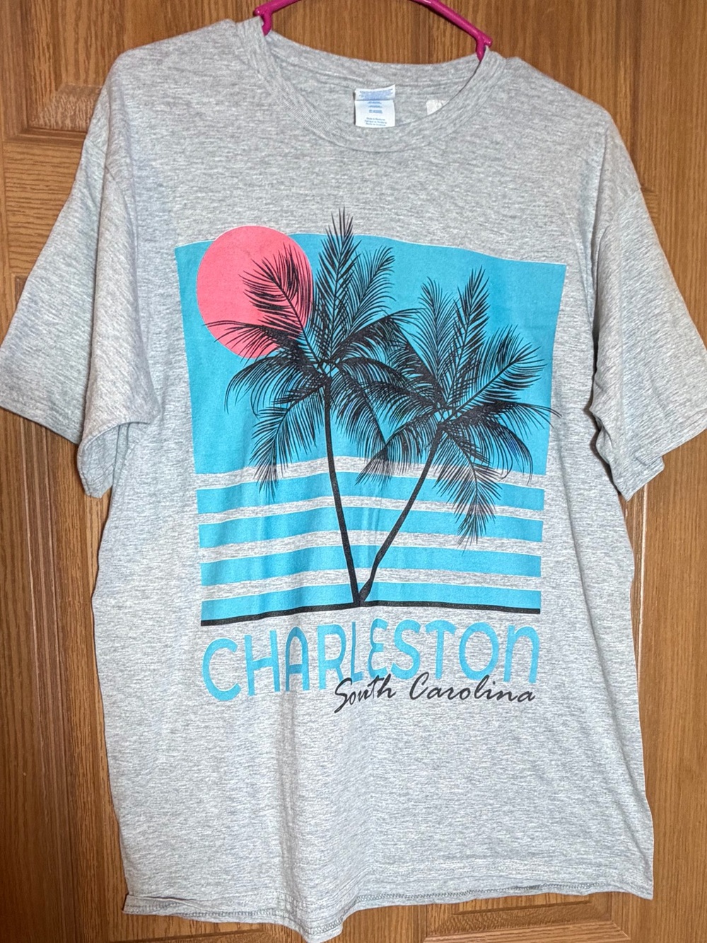 Port and Company Heather Gray Charleston Palm Tee with Blue & Pink Print
